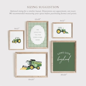May include: A collection of framed art prints featuring farm-themed illustrations. The prints include a green tractor, a combine harvester, and text that reads "We love you 'til the cows come home" and "Long live boyhood". The frames are in various sizes.