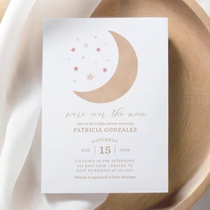 Over the Moon Girl Baby Shower Invitation, Editable Moon and Stars Baby Shower Invite, Printable Invitation Template, DIGITAL DOWNLOAD