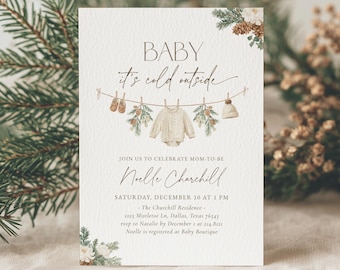 Könnte beinhalten: Eine Babyparty-Einladung mit dem Text "BABY it's cold outside". Die Einladung zeigt Illustrationen von Babykleidung und winterlichem Grün. Die Einladung ist für Noelle Churchill, Samstag, 10. Dezember um 13 Uhr.
