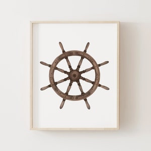 Ship Wheel Print, Nautical Nursery Decor, Captain&#39;s Wheel, PRINTABLE Watercolor Wall Art, Coastal Home Decor, DIGITAL DOWNLOAD