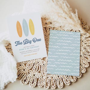The Big One Surf 1st Birthday Invitation, Editable Surfboard Beach Birthday Party Invite Template, DIGITAL DOWNLOAD