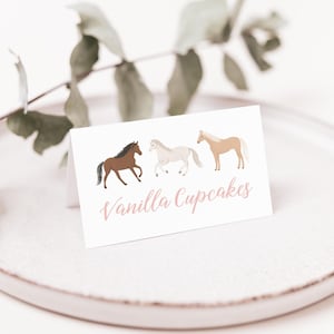 Plantilla editable de etiqueta de comida para fiesta de cumpleaños de caballos, tarjeta de tienda de cumpleaños ecuestre imprimible, DESCARGA DIGITAL