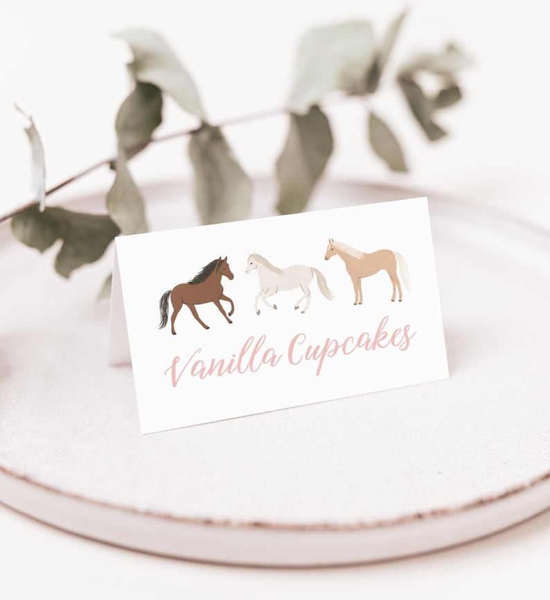 May include: A white card with three cartoon horses in brown, white, and light brown. The text "Vanilla Cupcakes" is printed in pink at the bottom of the card.