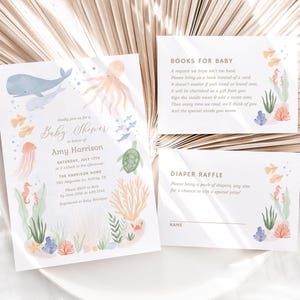 Under the Sea Baby Shower Invitation Set, Printable Beach Baby Shower Invitation Template, Books for Baby Diaper Raffle Ticket