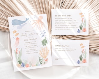 Under the Sea Baby Shower Invitation Set, Printable Beach Baby Shower Invitation Template, Books for Baby Diaper Raffle Ticket