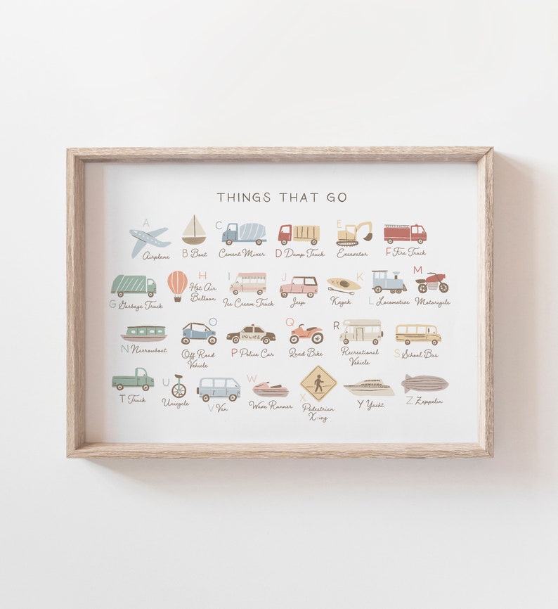 May include: A colourful alphabet chart featuring illustrations of various vehicles and modes of transport, such as an aeroplane, boat, cement mixer, dumper truck, excavator, fire engine, refuse truck, hot air balloon, ice cream van, jeep, kayak, locomotive, motorbike, narrowboat, off-road vehicle, police car, road bike, recreational vehicle, school bus, lorry, unicycle, van, jet ski, pedestrian crossing, yacht, and zeppelin. The chart is titled "Things That Go".