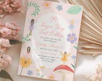 May include: A pink fairy-themed first birthday invitation with floral and fairy illustrations. The text reads "Kenzies Fairy First Birthday" with event details. The invitation is decorated with flowers and fairies.