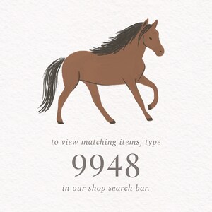 May include: A brown horse with a black mane and tail is running. To view matching items, type 9948 in our shop search bar.