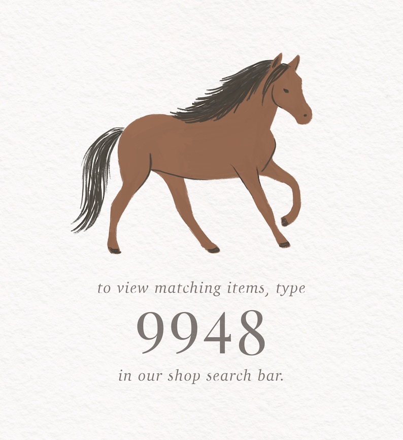 May include: A brown horse with a black mane and tail is running. To view matching items, type 9948 in our shop search bar.