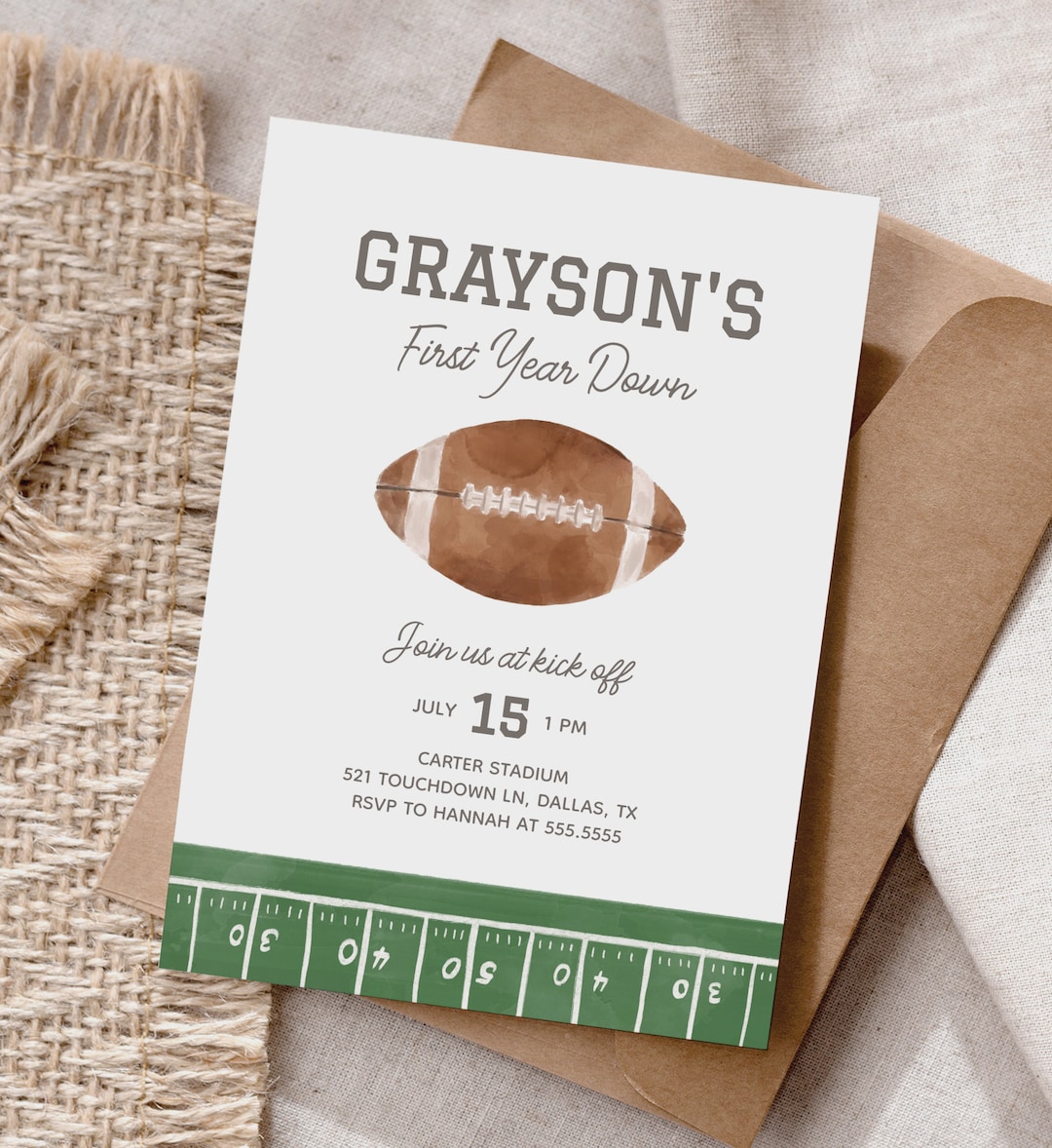 Football 1st Birthday Invitation, First Year Down Football Birthday