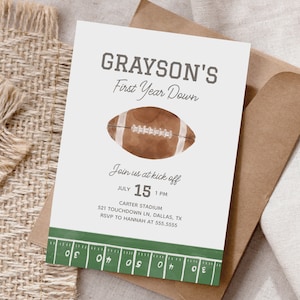 Football 1st Birthday Invitation, First Year Down Football Birthday Party Invite, Editable Football Field Birthday Invitation Template