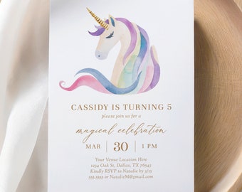 Unicorn Birthday Invitation Template, Minimal Pastel Unicorn Birthday Party Invite, Rainbow Watercolor Unicorn Printable Invitation