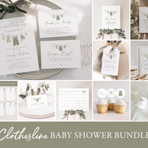 Könnte beinhalten: Eine Sammlung von Babyparty-Papeterie und Dekorationen. Die Artikel umfassen Einladungen, Dankeskarten und Cupcake-Dekorationen. Die Designs zeigen eine Wäscheleine mit Babykleidung und Teddybären. Der Text "Clothesline BABY SHOWER BUNDLE" ist unten.