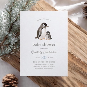 Penguin Baby Shower Invitation, Winter Baby Shower Invite, Printable Mom and Baby Penguin Baby Shower Editable Template, DIGITAL DOWNLOAD