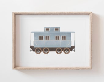 Vintage Watercolor Train Print, Train Nursery Decor, Printable Caboose Wall Art, Travel Themed Boys Room Decor, DIGITAL DOWNLOAD
