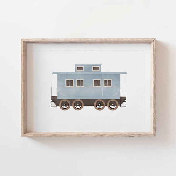 Vintage Watercolor Train Print, Kids Room Decor, Printable Caboose Wall Art, Transportation Decor, Boys Room Decor, DIGITAL DOWNLOAD