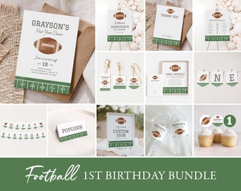 May include: Football themed first birthday party printable bundle with green and brown color scheme. Includes invitations, welcome sign, thank you card, food labels, cupcake toppers, water bottle labels, time capsule, banner, and a custom sign.