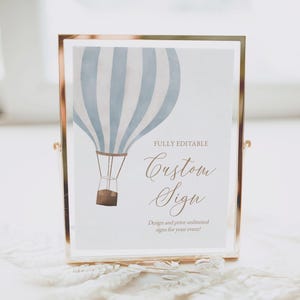 Modello personalizzato per cartello baby shower con mongolfiera blu, cartello modificabile per baby shower da viaggio, DOWNLOAD DIGITALE