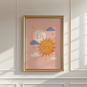 Pink Sun and Moon Nursery Decor, Girls Room Decor, Printable Boho Moon and Stars Wall Art, Pastel Sun and Moon Print, DIGITAL DOWNLOAD