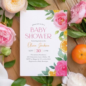 Citrus Baby Shower Invitation Template, Pink Floral Citrus Oranges Shower Invite, Little Cutie Girl Baby Shower, DIGITAL DOWNLOAD