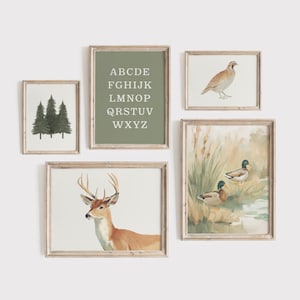 Quadri da parete vintage a tema caccia per la cameretta dei bambini, stampe digitali a tema bosco, decorazioni per la cameretta dei ragazzi con anatre selvatiche verde salvia. immagine 2
