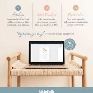 May include: A laptop computer screen shows a baby shower invitation template with a blue and white gingham pattern and a watercolor illustration of a duck. The text on the invitation reads "Baby Shower" and "Celebrate with us". The text "Try before you buy! Free demo link in description." is displayed below the laptop.
