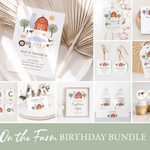 Farm Birthday Invitation Bundle, Printable Farm Animals Kids Birthday Decorations, Editable Party Template, DIGITAL DOWNLOAD