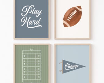 Lot de 4 impressions football chambre d'enfant, décoration murale football chambre d'enfant, art mural sport vintage imprimable, décoration de chambre bleu garçons, téléchargement numérique