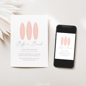 May include: A pink baby shower invitation with the text "Baby on Board" and three pink surfboards. The invitation includes the date, time, and location of the shower, as well as the name of the guest of honor, Cassidy Jackson.