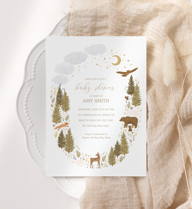 Woodland Baby Shower Invitation, Woodland Animals Baby Shower Invite, Printable Invitation Template, DIGITAL DOWNLOAD image 1