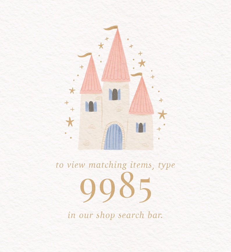 May include: A pink and white castle with blue windows and a blue door. The castle is surrounded by gold stars. To view matching items, type 9985 in our shop search bar.