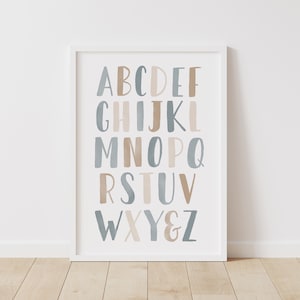 Neutral Alphabet Poster, Blue Alphabet Print, PRINTABLE Educational Wall Art, Nursery Decor, Boys Room Decor, DIGITAL DOWNLOAD