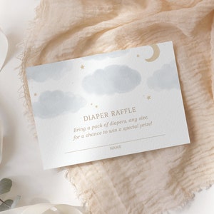 Maan en sterren luier loterij ticket sjabloon, aquarel wolken baby shower luier loterij kaart invoegen, afdrukbare sjabloon, digitale DOWNLOAD