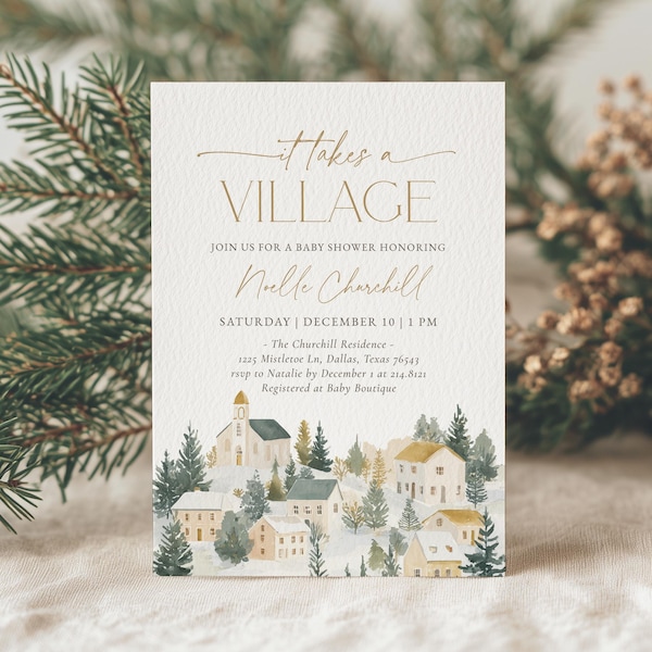 Plantilla de invitación para baby shower "It Takes a Village", invitación editable para baby shower de invierno, baby shower navideño de género neutro