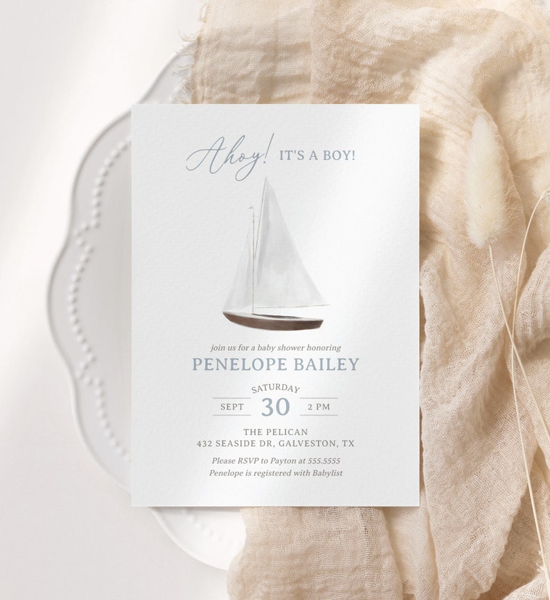 Nautical Sailboat Baby Shower Invitation Editable Watercolor Etsy