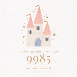 May include: A pink and white castle with blue windows and a blue door. The castle is surrounded by gold stars. To view matching items, type 9985 in our shop search bar.