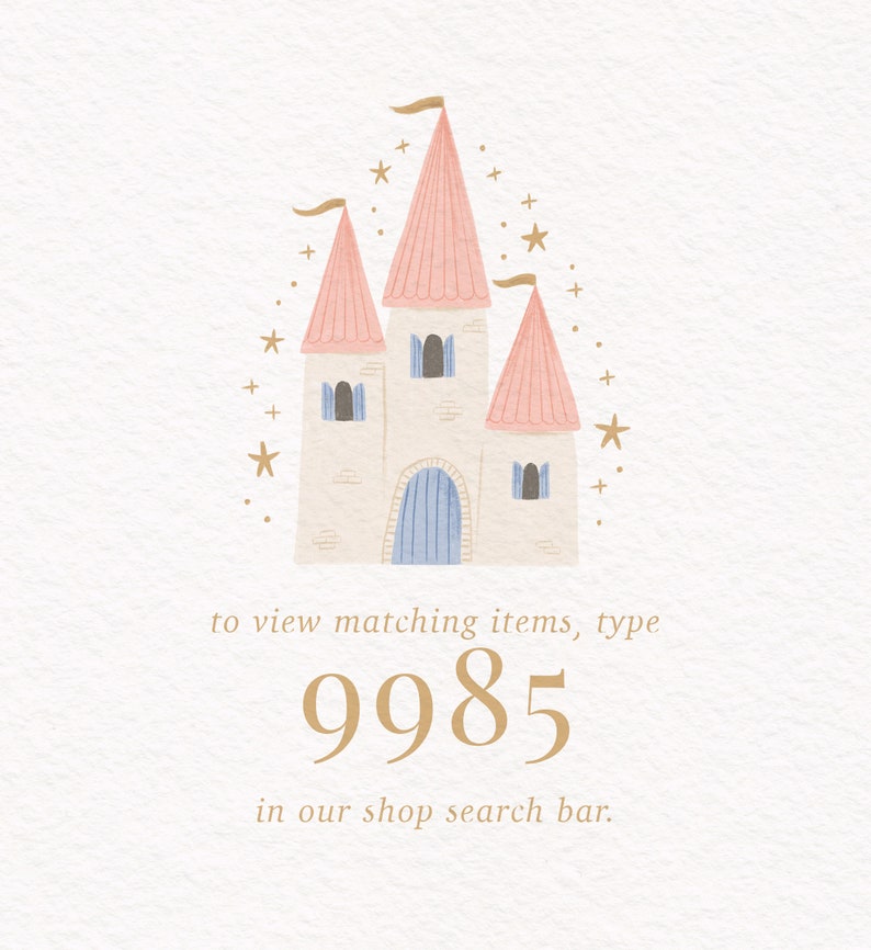 May include: A pink and white castle with blue windows and a blue door. The castle is surrounded by gold stars. To view matching items, type 9985 in our shop search bar.