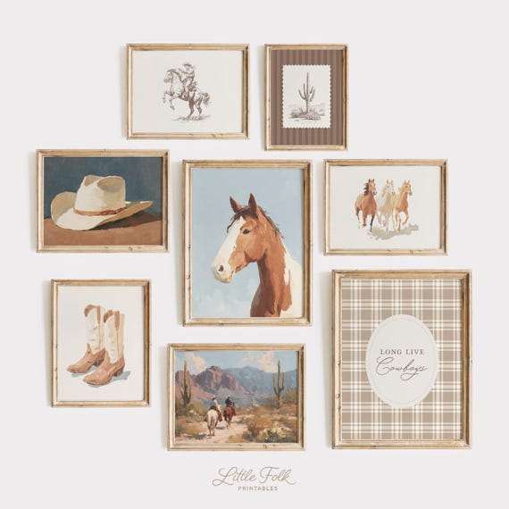 Cowboy Nursery Prints, Vintage Cowboy Gallery Wall Art, Western Boys Room Decor, Blue and Neutral Horse Nursery, DIGITAL DOWNLOAD