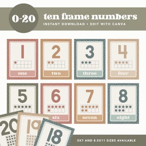 May include: A set of educational number cards, featuring numbers 0-20 with ten frames. Each card has a number, the word form, and a visual representation. The cards are in a neutral color palette with a dotted border. Available in 5x7 and 8.5x11 sizes.