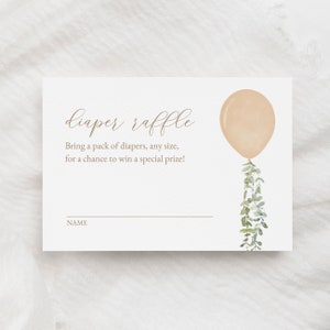Modello di biglietto della lotteria per pannolini con palloncino dorato, inserto per carta della lotteria per pannolini per baby shower con palloncino ad acquerello, modello stampabile, DOWNLOAD DIGITALE