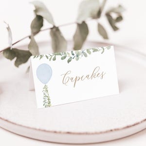 Bearbeitbare Blaue Ballon-Babyparty-Tischkartenvorlage, druckbare Aquarell-Ballon-Babyparty-Zeltkarte, DIGITALER DOWNLOAD