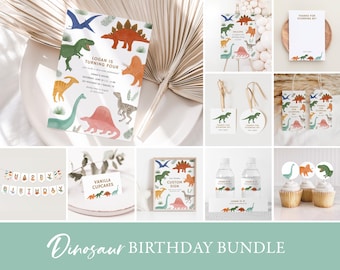 Dinosaur Birthday Invitation Bundle, Printable Dinosaur Birthday Decorations, Editable Party Template, DIGITAL DOWNLOAD
