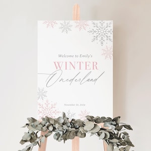May include: A white sign with pink and grey snowflakes around the border. The sign says "Welcome to Emily's Winter Wonderland" with the date "November 30, 2024" below the text.