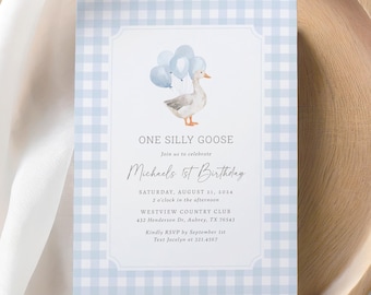 One Silly Goose Birthday Invitation, Blue Gingham Goose 1st Birthday Invite, Watercolor Goose Balloons Editable Template, DIGITAL DOWNLOAD