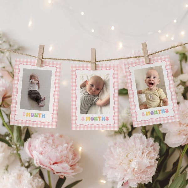 Colorful 1st Birthday Monthly Photo Banner Template, Pink Retro Girl Birthday Milestone Photos, Editable First Birthday Decor