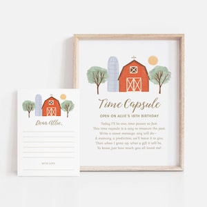 Cápsula do tempo editável para festa de aniversário de fazenda, decorações para primeiro aniversário para impressão, animais de curral, DOWNLOAD DIGITAL