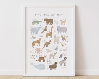 Alphabet Tierposter, DRUCKBARE Wandkunst, ABC Lernposter, Kinderzimmer Dekor, Kinderzimmer Dekor, digitaler Download