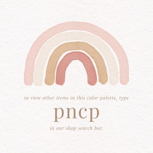 K&ouml;nnte beinhalten: Ein Aquarell-Regenbogen mit rosa, beige und wei&szlig;en Streifen. Der Text "Um andere Artikel in dieser Farbpalette anzuzeigen, geben Sie pncp in die Suchleiste unseres Shops ein." befindet sich unter dem Regenbogen.