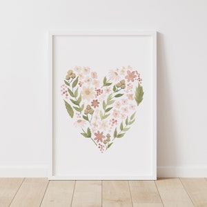 Floral Watercolor Heart Print, Floral Girl Nursery Decor, Girls Room Decor, PRINTABLE Wall Art, DIGITAL DOWNLOAD