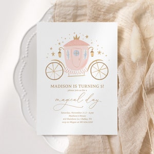 May include: A pink and gold carriage with stars and a crown on top. The text reads "MADISON IS TURNING 5! please join us for a magical day. Saturday, November 3/2-4 pm Madison's House 432 Rainbow Ln | Dallas, TX rsvp to Megan at 987.654.3210"